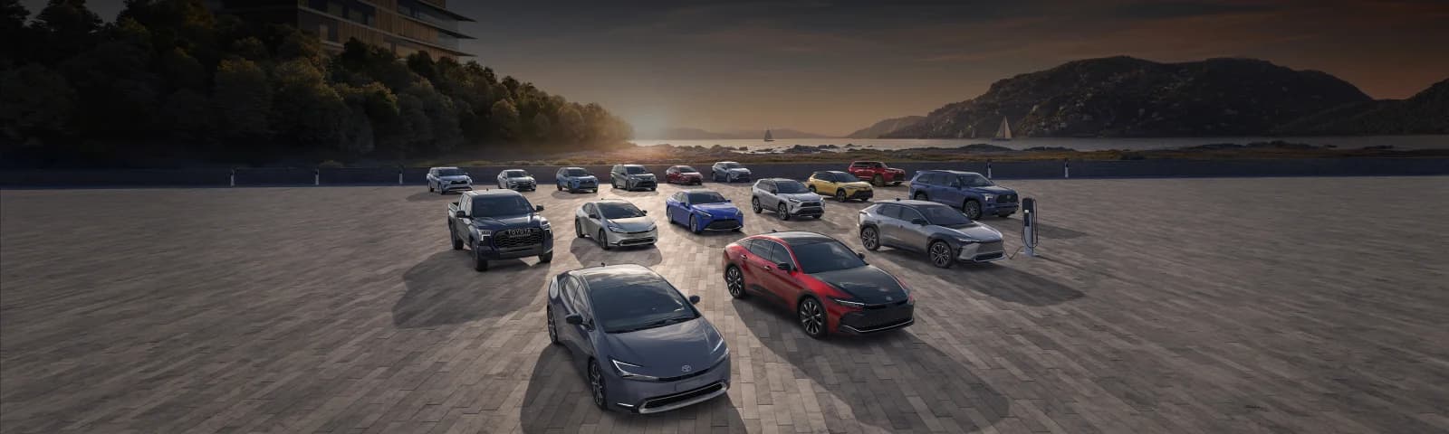Premium vehicle lineup at scenic location