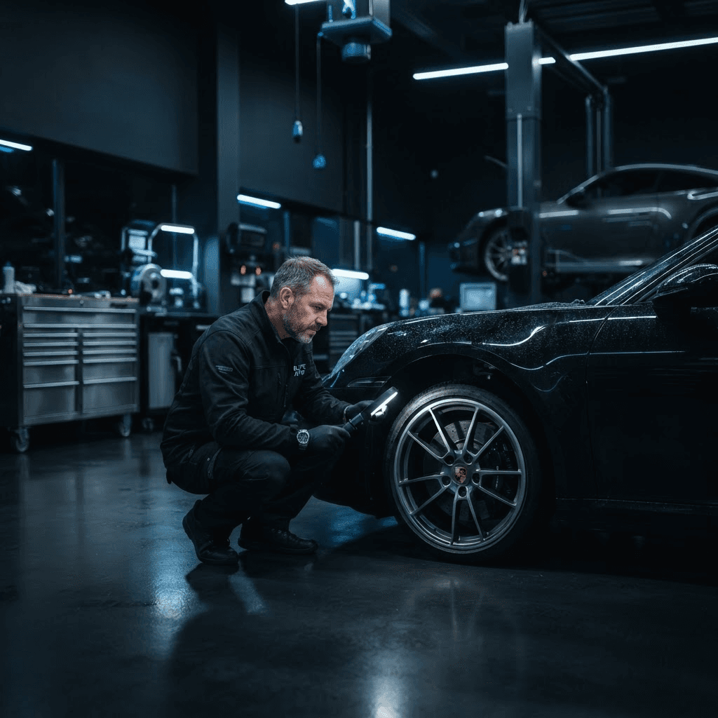 A technician inspecting a premium pre-owned vehicle in the service bay