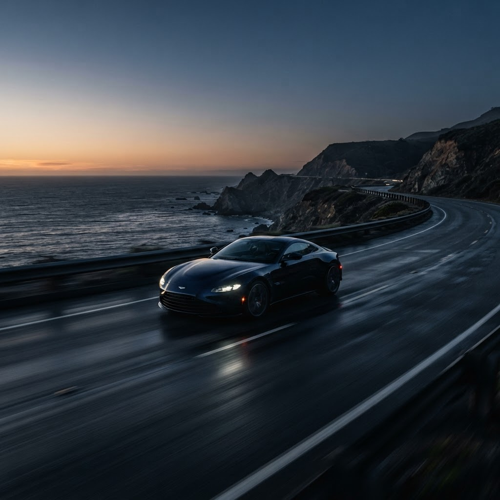 Sports car on a coastal highway at dusk